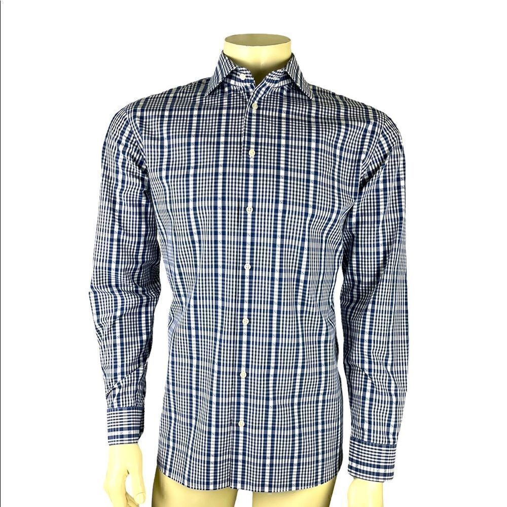 NWOT 1901 Nordstrom L/S Casual Button Down Trim Fit Navy/White Plaid Sz 16/34-35